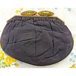 Art Deco 1930s Black Fabric Handbag Brass Frame Green Glass Cabochons